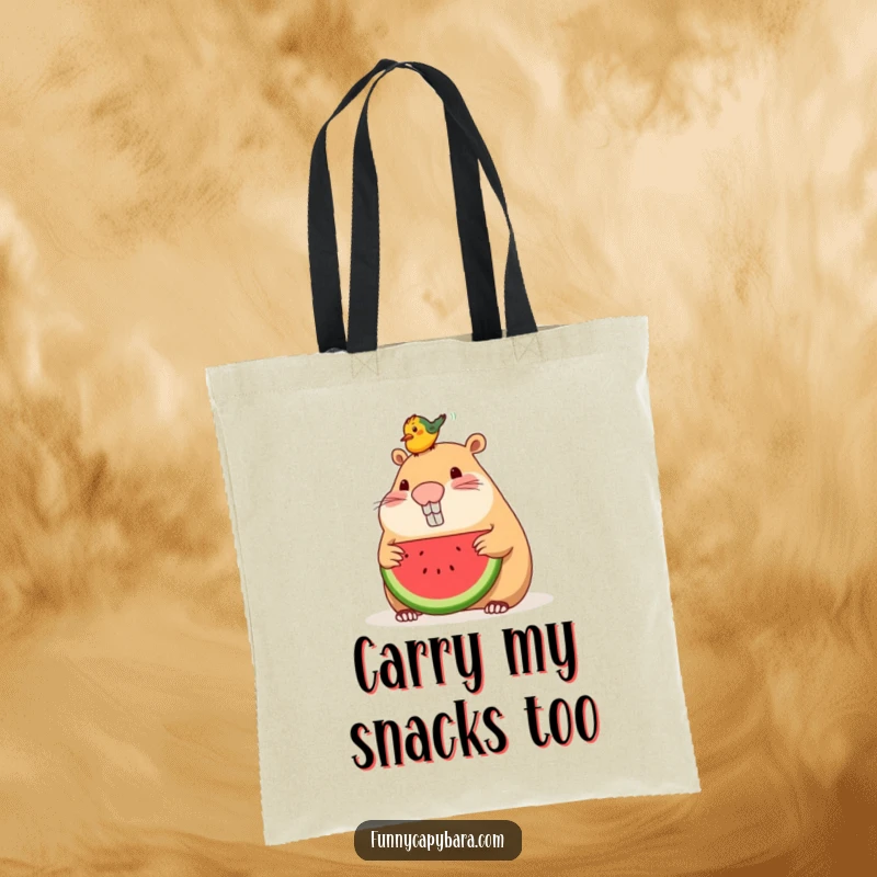 Funny tote bag featuring a capybara sharing watermelon with a small bird sitting on its head.