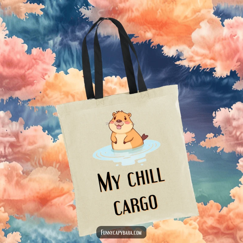 Funny tote bag showcasing a cheerful capybara floating on its back in stylized water, a relaxing and practical accessory.